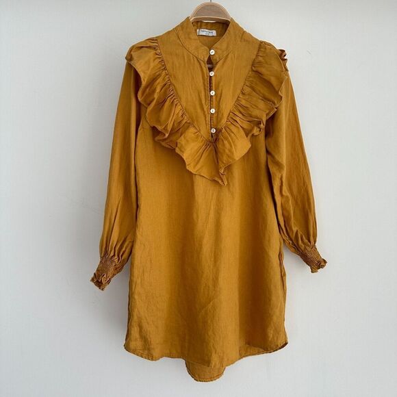 Lanhtropy Dress Womens XS Linen Tunic Flounce Victorian Boho Chic Rustic Mustard - Picture 1 of 9